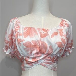 KIWI + Punch Size L Pink Ruched Crop Blouse with Puff Sleeves